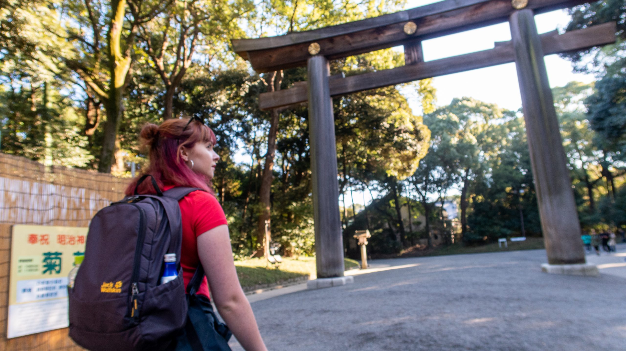 Ann walking through Meiji Jingu shrine