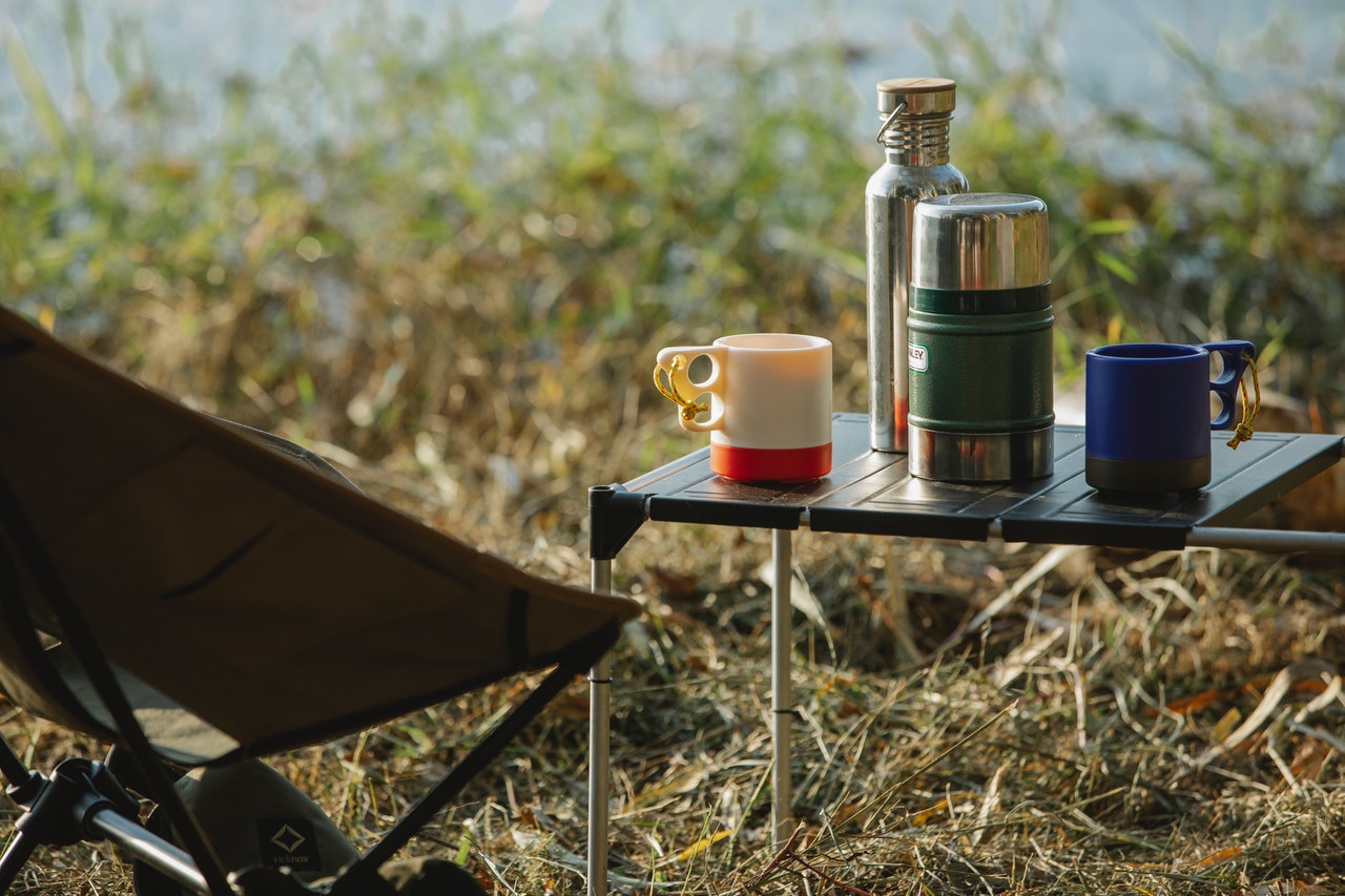 Camping table with tea and coffee