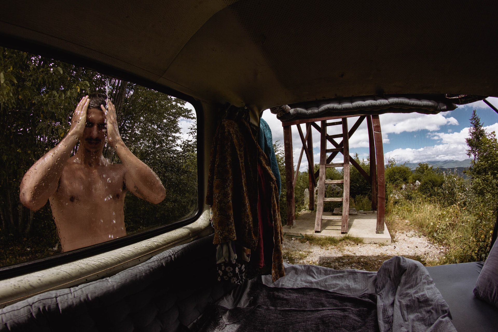 camp shower with foot pump