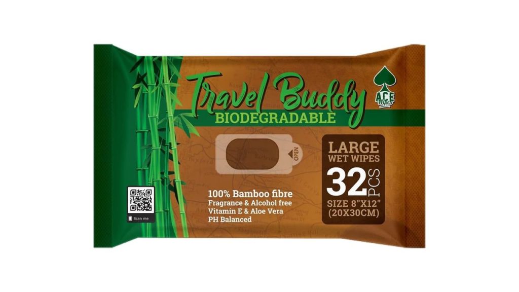Ace Travel Buddy biodegradable wipes, brown and green packet